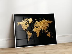 Quadro Decorativo com Moldura Acrilico Cristal Luxo Vidro Mapa Mundi Dourado para Sala de Estar, Quarto e Escritório, Hall Horizontal Quadro Decorativo com Moldura Acrilico Cristal Luxo Vidro Mapa Mundi Dourado para Sala de Estar, Quarto e Escritório, Hall Horizontal