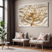 Quadro Decorativo com Moldura Arvore 3D Areia Flores para Sala de Estar, Quarto e Escritório, Hall Horizontal