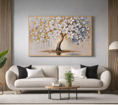 Quadro Decorativo com Moldura Árvore Flores Brancas para Sala de Estar, Quarto e Escritório, Hall Horizontal