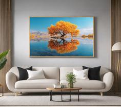 Quadro Decorativo com Moldura Árvore Ipe Amarelo Lago para Sala de Estar, Quarto e Escritório, Hall Horizontal