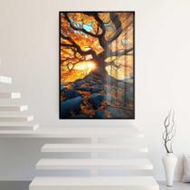 Quadro Decorativo com Moldura e Acrilico Cristal Vidro Árvore da Vida vermelha Paisagem Sala Quarto Hall