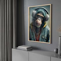 Quadro Decorativo com Moldura e Acrilico Cristal Vidro Macaco Rapper Fone Sala Quarto Hall