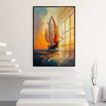 Quadro Decorativo com Moldura e Acrilico Cristal Vidro Pintura Barco Por do Sol Vertical Sala Quarto Hall
