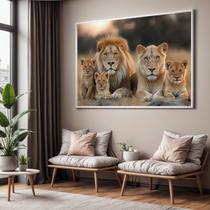Quadro Decorativo com Moldura Familia Leao Leoa 3 Filhotes para Sala de Estar, Quarto e Escritório, Hall Horizontal