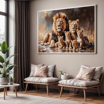Quadro Decorativo com Moldura Familia Leao Leoa 4 Filhotes para Sala de Estar, Quarto e Escritório, Hall Horizontal Quadro Decorativo com Moldura Familia Leao Leoa 4 Filhotes para Sala de Estar, Quarto e Escritório, Hall Horizontal