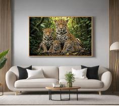 Quadro Decorativo com Moldura Familia Onca 2 Filhotes para Sala de Estar, Quarto e Escritório, Hall Horizontal