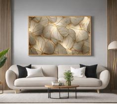 Quadro Decorativo com Moldura Folhas Dourada Luxo para Sala de Estar, Quarto e Escritório, Hall Horizontal