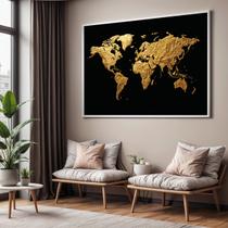 Quadro Decorativo com Moldura Mapa Mundi Dourado para Sala de Estar, Quarto e Escritório, Hall Horizontal Quadro Decorativo com Moldura Mapa Mundi Dourado para Sala de Estar, Quarto e Escritório, Hall Horizontal
