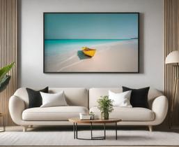 Quadro Decorativo com Moldura Praia Deserta Barco para Sala de Estar, Quarto e Escritório, Hall Horizontal Quadro Decorativo com Moldura Praia Deserta Barco para Sala de Estar, Quarto e Escritório, Hall Horizontal