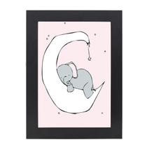 Quadro Decorativo Com Moldura Preta e Vidro Elefante Deitado na Lua 36x26,5 Mdf Adesivado