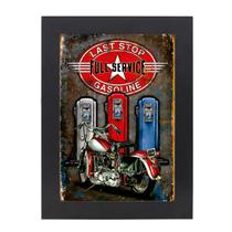 Quadro Decorativo Com Moldura Preta e Vidro Harley Last Stop Gasoline 36x26,5 Mdf Adesivado