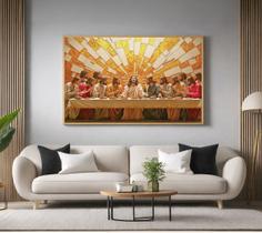 Quadro Decorativo com Moldura Santa Ceia Dourado para Sala de Estar, Quarto e Escritório, Hall Horizontal Quadro Decorativo com Moldura Santa Ceia Dourado para Sala de Estar, Quarto e Escritório, Hall Horizontal