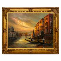 Quadro Decorativo com Paisagem de Veneza Pintada à Mão com Moldura Entalhada Dourada 118x148x9 cm
