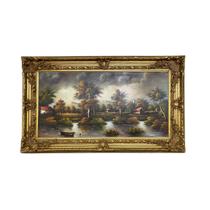 Quadro Decorativo com Pintura Paisagem Pintada à Mão com Moldura Entalhada Dourada 84x143x7cm
