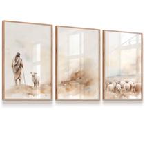 Quadro Decorativo Com Vidro Jesus Pastor Ovelhas Pintura Sala Quarto Escritório