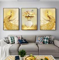 Quadro Decorativo Composição Trio pavão e vasos de ouro"