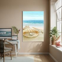 Quadro Decorativo Concha Com Pérola Na Praia-70x50cm Cor:Moldura Branca Quadro Decorativo Concha Com Pérola Na Praia-70x50cm Cor:Moldura Branca