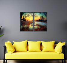 Quadro Decorativo Conjunto de 2 Quadros Floresta, Lago e Por do Sol Quadro Decorativo Conjunto de 2 Quadros Floresta, Lago e Por do Sol