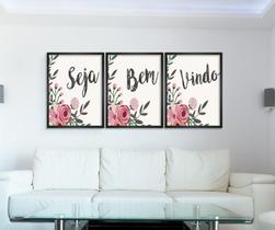 Quadro Decorativo Conjunto de 3 Quadros Flores E Frase Seja Bem Vindo Quadro Decorativo Conjunto de 3 Quadros Flores E Frase Seja Bem Vindo