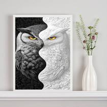 Quadro Decorativo Coruja Branco Preto - Metades 45x34cm