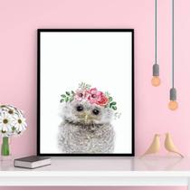 Quadro Decorativo Corujinha Coroa De Flores Moldura Preta