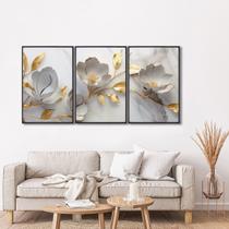 Quadro Decorativo Delicado Abstrato Floral Branco e Dourado com 3 Telas de Parede para Sala Quarto Escritório