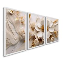 Quadro Decorativo Delicado Abstrato Floral Branco e Dourado com 3 Telas de Parede para Sala Quarto Escritório