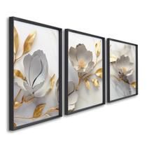 Quadro Decorativo Delicado Abstrato Floral Branco e Dourado com 3 Telas de Parede para Sala Quarto Escritório