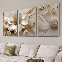Quadro Decorativo Delicado Floral Branco e Dourado com 3 Telas 50x75 e 60x90 de Parede para Sala Quarto Escritório