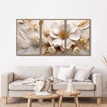Quadro Decorativo Delicado Floral Branco e Dourado com 3 Telas 50x75 e 60x90 de Parede para Sala Quarto Escritório
