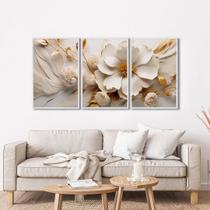 Quadro Decorativo Delicado Floral Branco e Dourado com 3 Telas de Parede para Sala Quarto Escritório