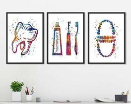 Quadro Decorativo Dentista Dente Pasta Dental Kit 3 peças Decoração Mosaico