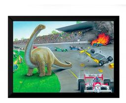 Quadro Decorativo Dinossauro Na Pista Corrida Retro Vintage