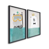 Quadro Decorativo Diversão no Fundo do Mar Infantil com 2 Telas de Parede para Quarto Sala Brinquedo Preto