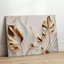 Quadro Decorativo Dourado Flores Branca Floral Arte Tecido Canvas