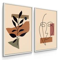 Quadro Decorativo Dupla Abstrarto Rosto e Folhas boho Sala 70x50 com Moldura Quadro Decorativo Dupla Abstrarto Rosto e Folhas boho Sala 70x50 com Moldura