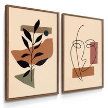 Quadro Decorativo Dupla Abstrarto Rosto e Folhas boho Sala 70x50 com Moldura Quadro Decorativo Dupla Abstrarto Rosto e Folhas boho Sala 70x50 com Moldura