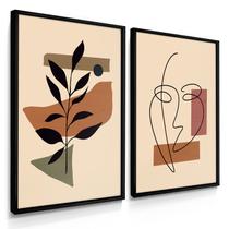 Quadro Decorativo Dupla Abstrarto Rosto e Folhas boho Sala 70x50 com Moldura Quadro Decorativo Dupla Abstrarto Rosto e Folhas boho Sala 70x50 com Moldura