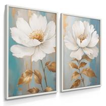 Quadro Decorativo Dupla Anêmona Branca Arte Floral Sala 70x50 com Moldura Quadro Decorativo Dupla Anêmona Branca Arte Floral Sala 70x50 com Moldura