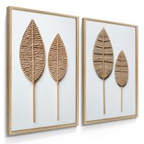 Quadro Decorativo Dupla De Parede Folhagem Palha Trançada Para Sala 70x50 com Moldura