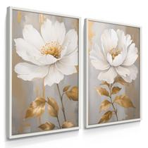 Quadro Decorativo Dupla Flor Anêmona Dourada Decoração Sala Moderna 70x50 com Moldura