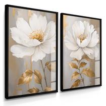 Quadro Decorativo Dupla Flor Anêmona Dourada Decoração Sala Moderna 70x50 com Moldura