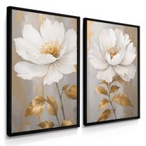 Quadro Decorativo Dupla Flor Anêmona Dourada Presente Decoração Sala Luxo com Moldura