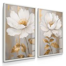Quadro Decorativo Dupla Flor Anêmona Dourada Sala Grande Escritório Luxo 70x50 com Vidro