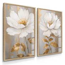 Quadro Decorativo Dupla Flor Anêmona Dourada Sala Grande Escritório Luxo 70x50 com Vidro Quadro Decorativo Dupla Flor Anêmona Dourada Sala Grande Escritório Luxo 70x50 com Vidro