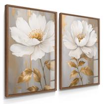 Quadro Decorativo Dupla Flor Anêmona Dourada Sala Grande Escritório Luxo 70x50 com Vidro Quadro Decorativo Dupla Flor Anêmona Dourada Sala Grande Escritório Luxo 70x50 com Vidro