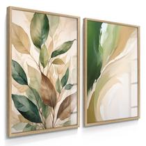 Quadro Decorativo Dupla Floral Verde Decoração Sala Casa Modena Grande Kit 70x50 com Vidro