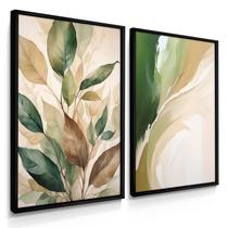 Quadro Decorativo Dupla Floral Verde Flores Lindas Decoração Sala Grande Moderna 70x50 com Moldura