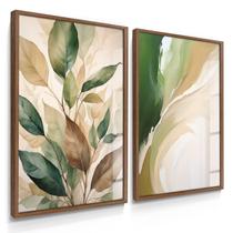 Quadro Decorativo Dupla Floral Verde Folhas Lindas Decoração Sala Arte Abstrato Kit com Vidro