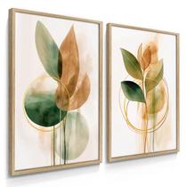 Quadro Decorativo Dupla Flores ink Verdes Decoração Sala Luxo com Moldura